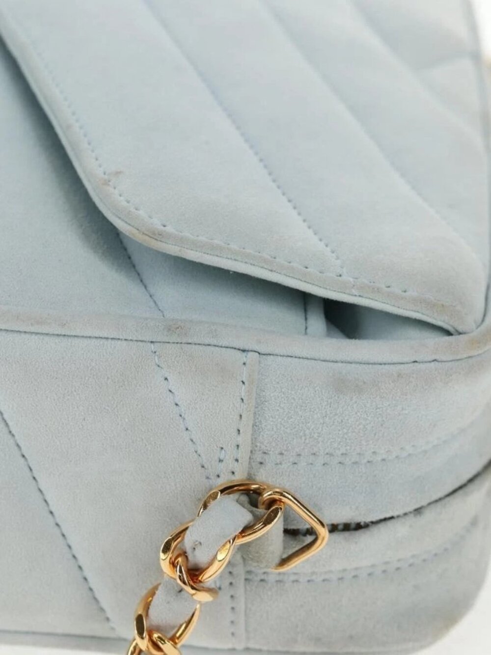 CHANEL Bias Stitch Chain Shoulder Bag Suede Light Blue Gold CC Auth 139935V - Picture 6 of 15